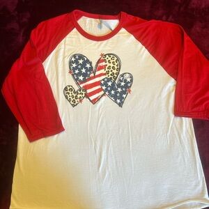 Jerzees Red and White Raglan Shirt with Heart Pattern 2X